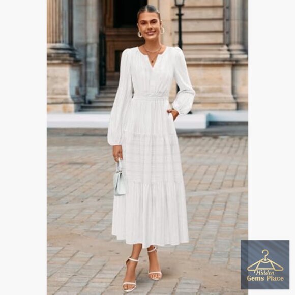 Long Sleeve V-Neck Tiered Cotton Maxi Dress with Pockets - Picture 4 of 7